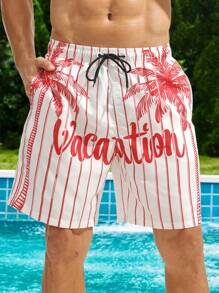 Surfspeed Pantalones cortos de playa para hombres con estampado de palmeras y letras y cintura con cordón