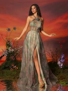 Váy dạ hội thanh lịch cổ yếm in lưới VIPGIRL dành cho nữ, Váy dự tiệc cưới trang trọng, Tốt nghiệp, Ăn tối - màu xanh lá - Xem 5