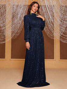 YISIKADO 女士纯色亮片长袖立领晚礼服优雅正式舞会婚礼宾客礼服，适合毕业典礼、晚宴派对礼服