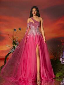VIPGIRL Elegant And Noble Mesh Dress For Formal Occasions, Prom Evening Wedding Guest Gown, For Graduation, Dinner Party Dress - 粉色 - 查看 6