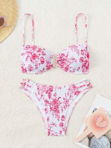 SHEIN Swim Women's Summer Beach Floral Print Halterneck Sexy Bikini Set, Random Print