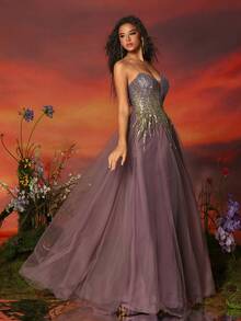 VIPGIRL 长款紫色亮片薄纱优雅女士晚会礼服正式舞会婚礼宾客礼服，适合毕业典礼、晚宴