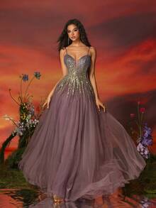 VIPGIRL 长款紫色亮片薄纱优雅女士晚会礼服正式舞会婚礼宾客礼服，适合毕业典礼、晚宴