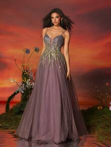 VIPGIRL 长款紫色亮片薄纱优雅女士晚会礼服正式舞会婚礼宾客礼服，适合毕业典礼、晚宴