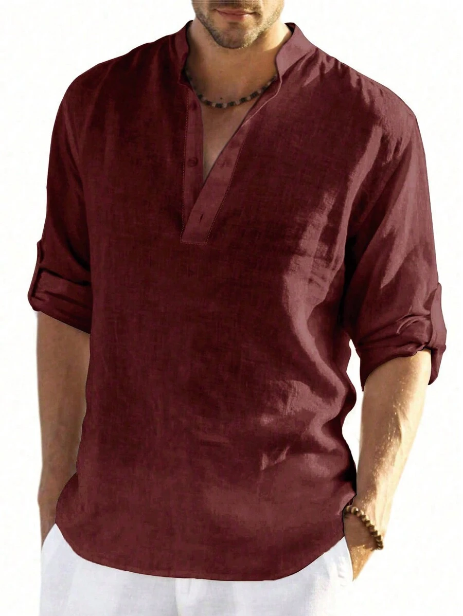 Plus Size Men's Vintage Style Solid Color Turndown Collar Shirt, Made Of Linen Fabric, Suitable For All Seasons, Especially Suitable For Autumn - Burgundy - View 1