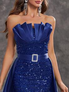 YISIKADO Robe de soirée pour femme, robe sirène bicolore sans bretelles et sequins avec cape en satin, robe de soirée élégante pour bal, mariage, fête de remise des diplômes, dîner - bleu indigo - Voir 4