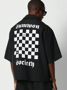 SUMWON Camisa ajustada de botones con estampado gráfico de ajedrez en la espalda - Negro - Ver 1