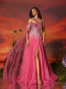 VIPGIRL Elegant And Noble Mesh Dress For Formal Occasions, Prom Evening Wedding Guest Gown, For Graduation, Dinner Party Dress - 粉色 - 查看 3