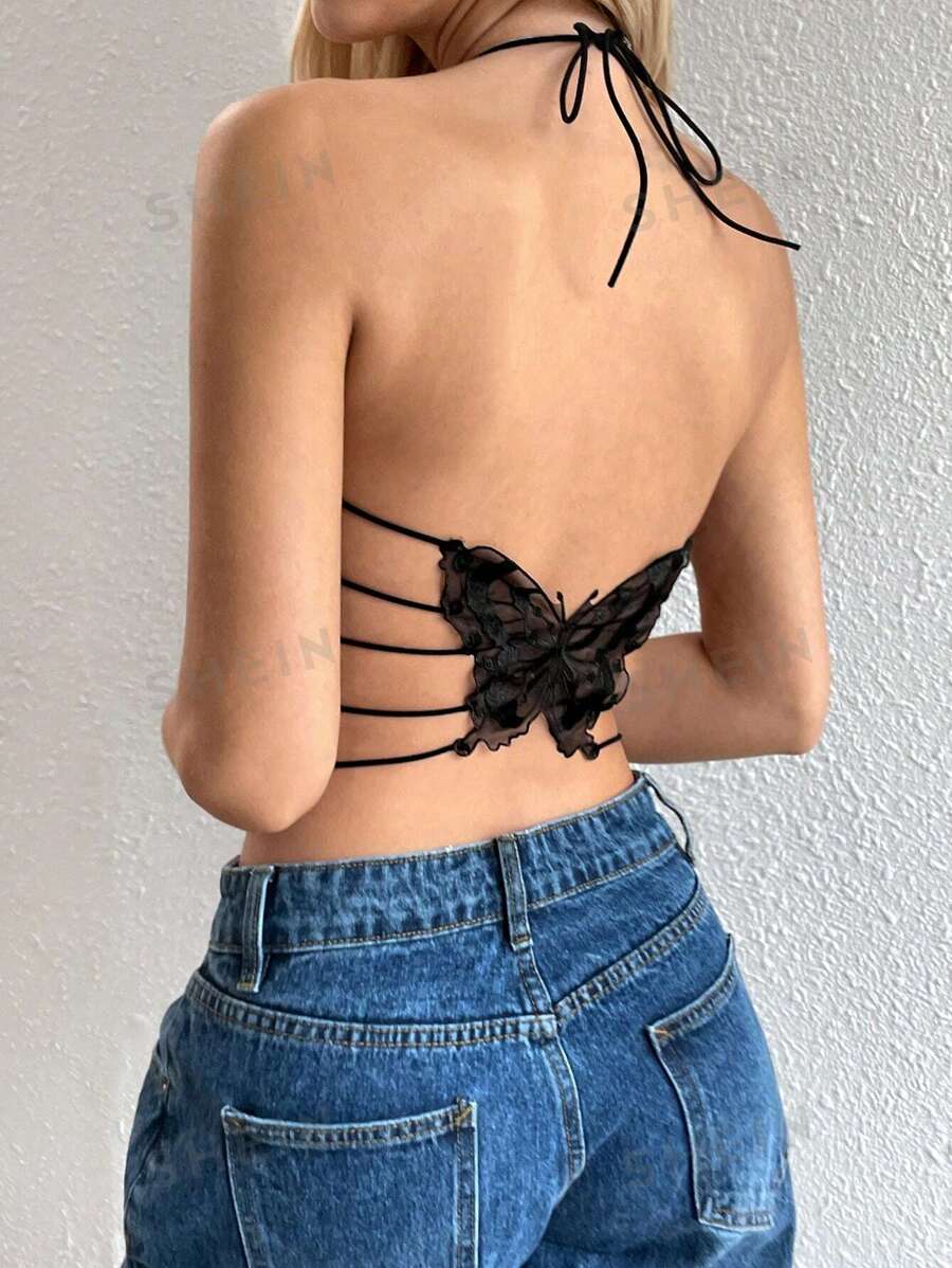 Flirla Top corto sexy con cuello con tiras y diseño de mariposa a la moda para mujeres