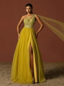 VIPGIRL Đầm dự tiệc dài xẻ cao lưới đính hạt một bên vai màu vàng thanh lịch - Màu vàng - Xem 4