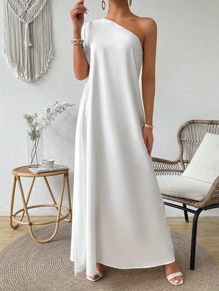 Breezaya Elegant Solid Color One Shoulder Dress For Women - White - View 1