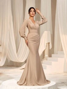 Elegant Bridesmaid Dress - Crossover Neckline, Ruffle Details, Fishtail Hem - Champagne - View 5