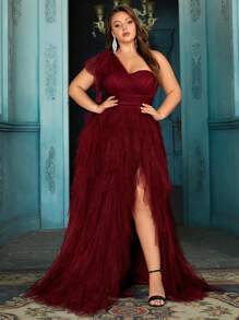 QOQ Stylish Elegant Women Plus Size Formal Dress Summer Evening Gown For Dinner Party, Formal Events, Cocktail Party, Birthday Parties, Galas Solid Color Slit Asymmetrical Neck Dresses