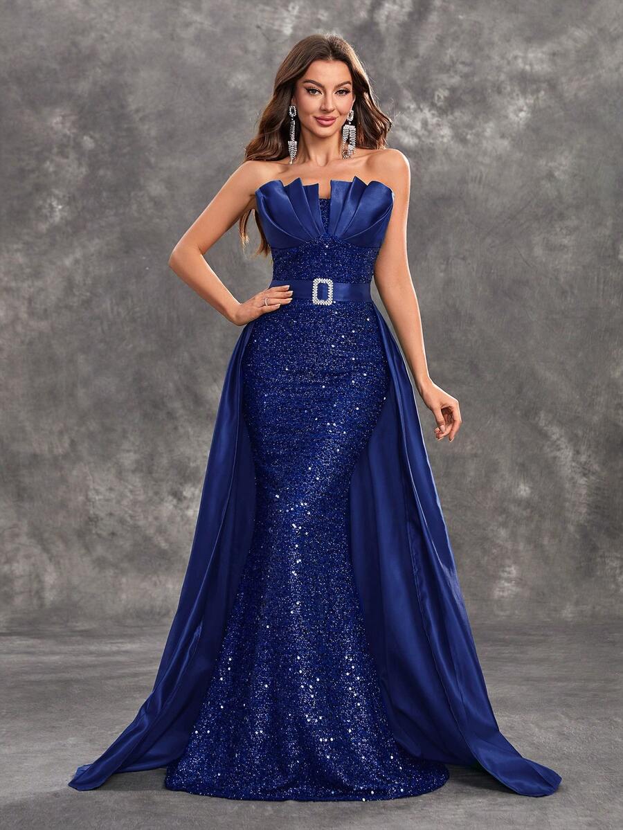 YISIKADO Robe de soirée pour femme, robe sirène bicolore sans bretelles et sequins avec cape en satin, robe de soirée élégante pour bal, mariage, fête de remise des diplômes, dîner - bleu indigo - Voir 1