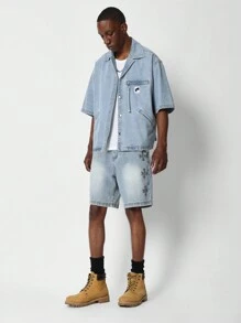 SUMWON Denim Short With Graphic - Blue - View 3