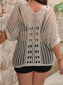 SHEIN Holidaya Blusa tejida de talla grande con cuello en V transparente de unicolor - Caqui - Ver 2