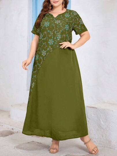 Mulvari 大尺碼女性凹口V領花卉印花短袖長袍阿拉伯連衣裙