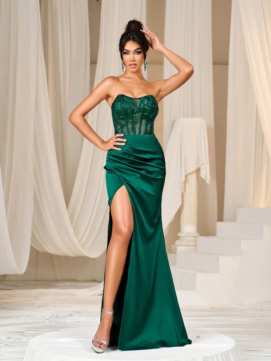 Faeriesty Đầm dạ hội satin dáng đuôi cá hở lưng buộc dây, thích hợp cho các buổi tiệc. - Màu xanh lá cây đậm - Xem 1