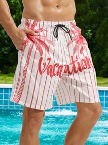 Surfspeed Pantalones cortos de playa para hombres con estampado de palmeras y letras y cintura con cordón