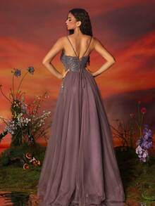 VIPGIRL 长款紫色亮片薄纱优雅女士晚会礼服正式舞会婚礼宾客礼服，适合毕业典礼、晚宴