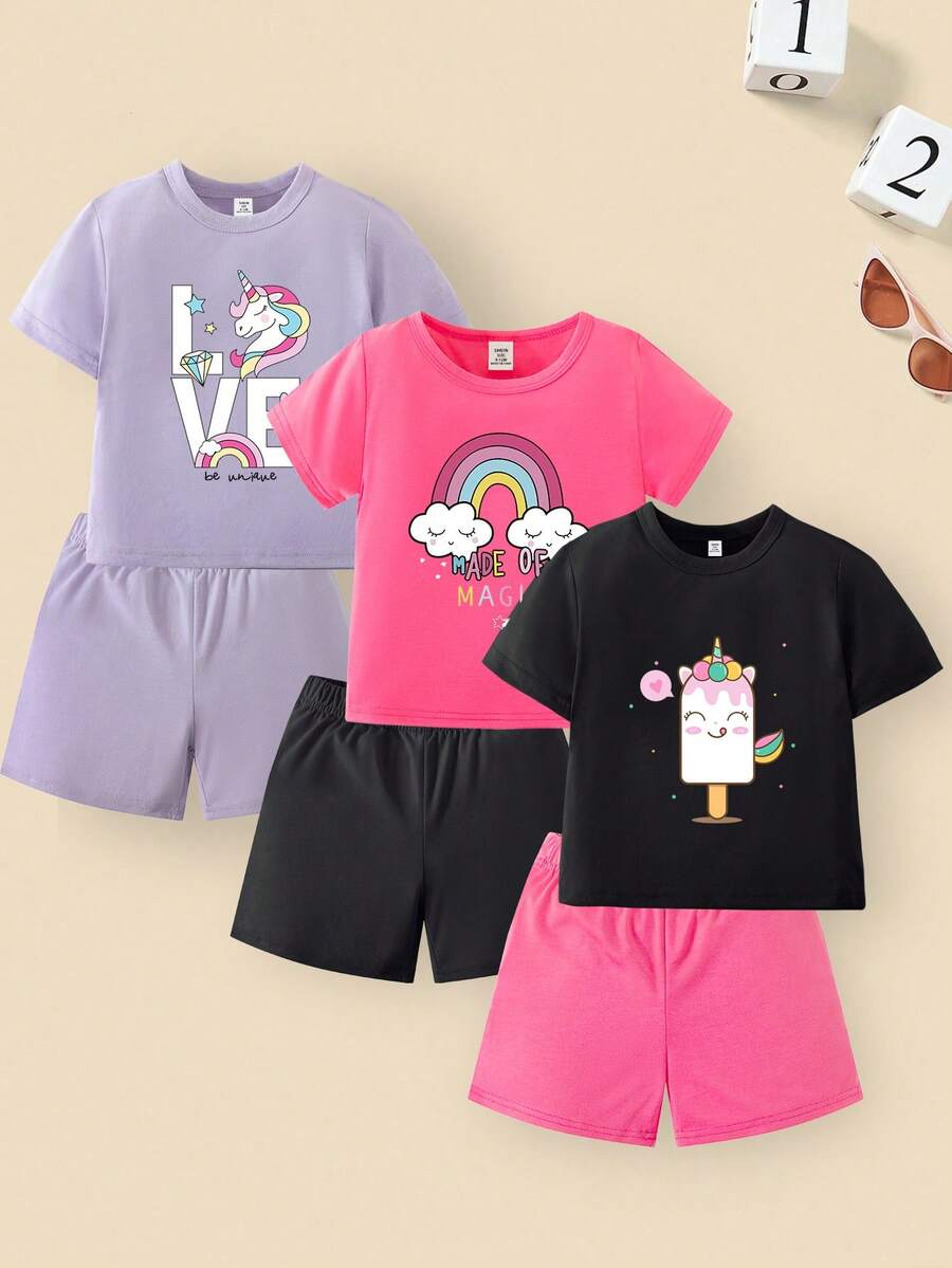 3pcs Baby Girls' Casual Spring/Summer Unicorn Print Set, Including Everyday Wear, Simple Sports Style T-Shirt And Shorts - Multicolor - View 1