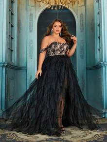 QOQ Elegant Mature Plus Size Splicing Lace Mesh One Shoulder Slit Gown Dresses For Banquet, Evening Party - Black - View 4