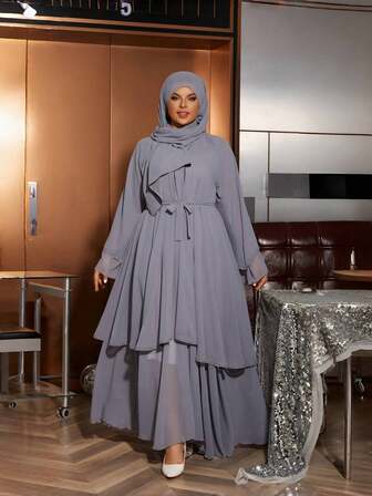 春夏季純色雙層長傘袖洋裝