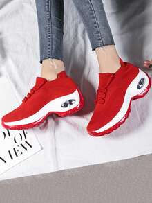 Giày thể thao đế đan bằng đệm khí dành cho nữ, Giày thể thao lưới nhẹ, Giày chạy bộ có dây buộc bằng lưới thoáng khí, Giày nữ - Đỏ - Xem 3