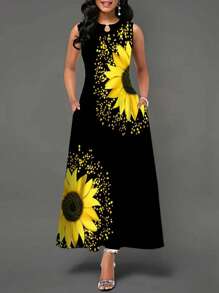 Vestido con estampado de girasol con bolsillo oculto - Negro - Ver 1
