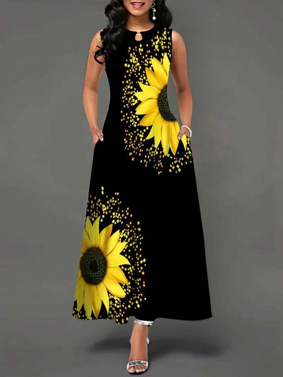 Vestido con estampado de girasol con bolsillo oculto - Negro - Ver 1