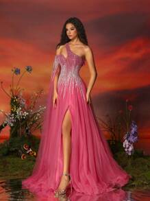 VIPGIRL Elegant And Noble Mesh Dress For Formal Occasions, Prom Evening Wedding Guest Gown, For Graduation, Dinner Party Dress - 粉色 - 查看 4