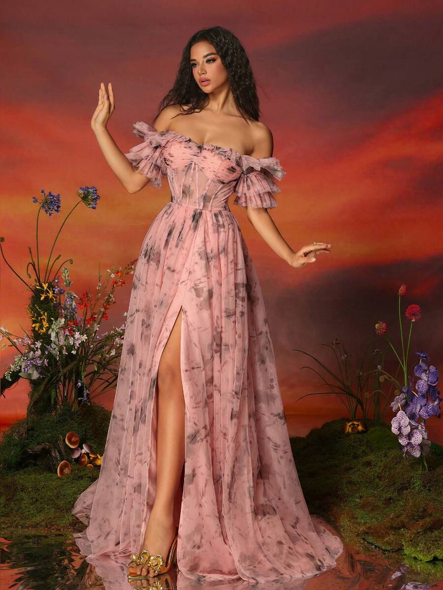 VIPGIRL Long Printed Mesh Off Shoulder Women's Evening Party Dress