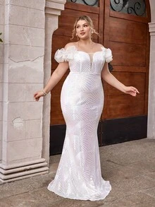 D&M 大碼迷人亮片網拼接分層荷葉邊緊身晚禮服，偏肩設計，適合派對和晚間活動 - 白色 - 查看 6