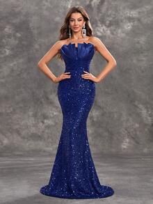 YISIKADO Robe de soirée pour femme, robe sirène bicolore sans bretelles et sequins avec cape en satin, robe de soirée élégante pour bal, mariage, fête de remise des diplômes, dîner - bleu indigo - Voir 3