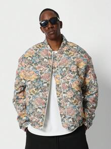 SUMWON Chaqueta tipo bomber de tapiz floral estampado por todas partes, estilo vintage, ligera, para primavera y otoño, con cierre de cremallera, corte clásico, patrón retro de rosas, ropa de calle - Multicolor - Ver 1