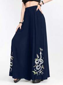 ROMWE Goth Damskie gotyckie spodnie z szerokimi nogawkami i nadrukiem wężowo-roślinnym, wakacyjnym - Granatowy - Zobacz 5