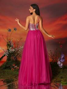 VIPGIRL 优雅网眼连衣裙，高端大气，适合晚会正式舞会婚礼宾客礼服，适合毕业典礼、晚宴 - 玫紅色 - 查看 3