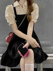 Vestido de manga abullonada con cuello de polo 2 en 1 para verano, estilo casual con bloque de colores - Negro - Ver 3