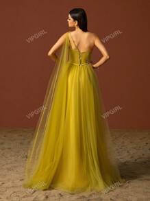 VIPGIRL Elegant Asymmetrical Neck Bead & Sequin Contrast Mesh High Slit Formal Evening Dress Prom Wedding Guest Gown, For Graduation, Dinner