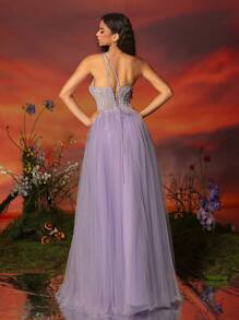 VIPGIRL Women Sequin Contrast Mesh High Slit Maxi Formal Evening Dress Elegant Prom Wedding Guest Gown, For Graduation, Dinner Party Dress - Màu tím - Xem 2