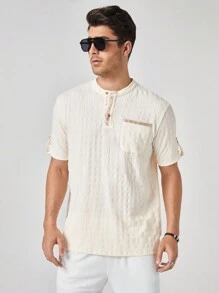 Manfinity Homme Áo thun polo ngắn tay dệt kim Jacquard mới dành cho nam, thích hợp mặc hàng ngày vào mùa xuân và mùa hè - trắng - Xem 4