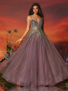 VIPGIRL 长款紫色亮片薄纱优雅女士晚会礼服正式舞会婚礼宾客礼服，适合毕业典礼、晚宴