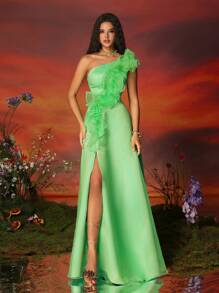 女款一肩荷葉邊網拼接高開衩晚禮服 - 綠色 - 查看 2