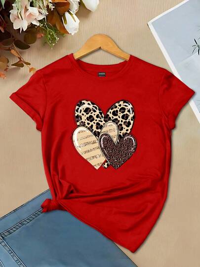 INAWLY Camiseta casual romántica y linda con estampado de corazón de estampado de leopardo para ropa de Año Nuevo, camisetas con estampado de guepardo para mujeres