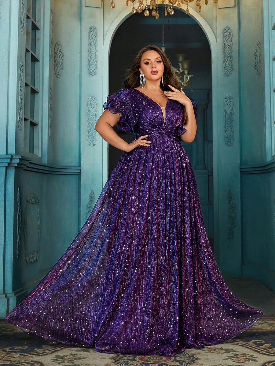 QOQ Women Party Formal Dress Bling Plus Size Summer Evening Gown For Evening Party, Birthday Party, Charity Prom, Dinner Party Purple Ruffled Short Sleeve Pleated Back Zipper Dresses