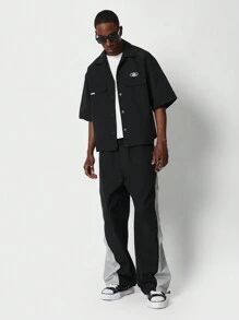 SUMWON Camisa ajustada de botones con estampado gráfico de ajedrez en la espalda - Negro - Ver 4