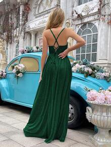 QOQ Shiny Bridesmaid Dress, Fashionable Girl's Formal Gown, Women's Long Dress Suitable For Weddings, Formal Events, Wedding Guests, Galas, Engagement Parties, Pleated High Slit Hem Sleeveless Dress Spring - Green - View 3