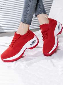 Giày thể thao đế đan bằng đệm khí dành cho nữ, Giày thể thao lưới nhẹ, Giày chạy bộ có dây buộc bằng lưới thoáng khí, Giày nữ - Đỏ - Xem 1