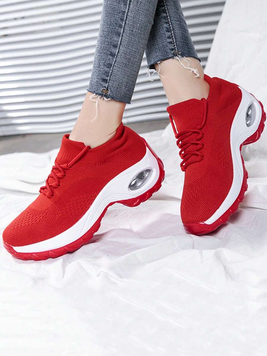 Giày thể thao đế đan bằng đệm khí dành cho nữ, Giày thể thao lưới nhẹ, Giày chạy bộ có dây buộc bằng lưới thoáng khí, Giày nữ - Đỏ - Xem 1