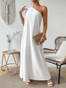 Breezaya Elegant Solid Color One Shoulder Dress For Women - White - View 3